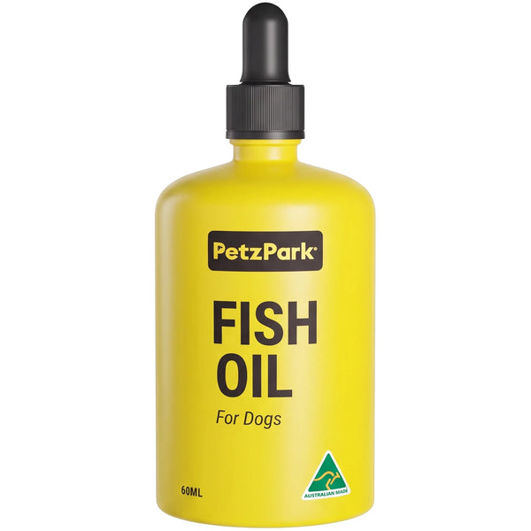 Petz Park Fish Oil for Dogs 60ml yellow glass dropper bottle on a white background