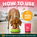 Dog eating from a bowl with a pink 'HIP + JOINT' supplement package, and text on how to use the product.