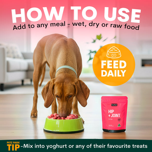 Dog eating from a bowl with a pink 'HIP + JOINT' supplement package, and text on how to use the product.