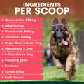 Dog running outdoors with a list of supplement ingredients per scoop displayed.