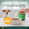 Dog being fed probiotic powder from a spoon with text on how to use it.