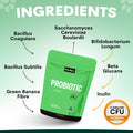 Green probiotic package with labeled ingredients on a green background. Probiotic for dogs ingredients