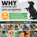 Promotional graphic for a pet product brand with text about honesty, transparency, and customer trust, featuring images of dogs with the product.