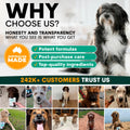 Promotional graphic for a pet product brand with images of dogs and text about honesty, transparency, and customer trust.