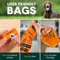 Dog waste bags with user-friendly features and a dog in the background