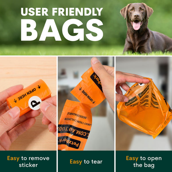 Dog waste bags with user-friendly features and a dog in the background