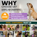 Promotional graphic for a pet product brand with images of dogs and text about honesty, transparency, and customer trust.