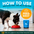 Dog eating from a bowl with a package of pet food on a kitchen floor, promoting feeding daily.