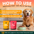 Dog sitting next to Petz Park supplement packages with instructions on how to use them.