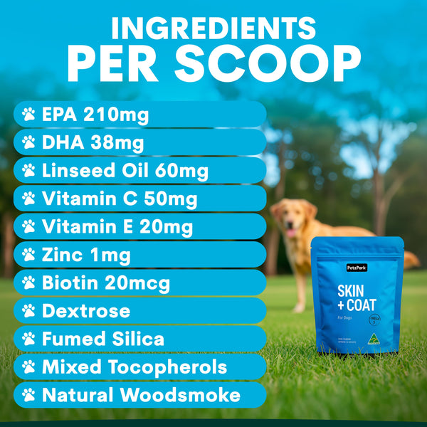 Dog supplement package with ingredient list and a dog in the background