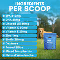 Dog food supplement package with ingredient list and a dog in the background