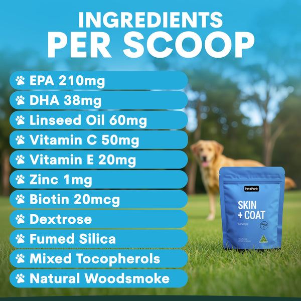 Dog food supplement package with ingredient list and a dog in the background